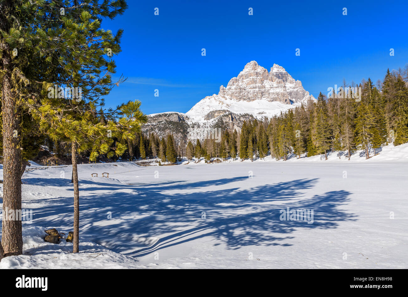 Frozen lake - Antorno - with the Tre Cime di Lavaredo in the background, Dolomites, Italy Stock Photo