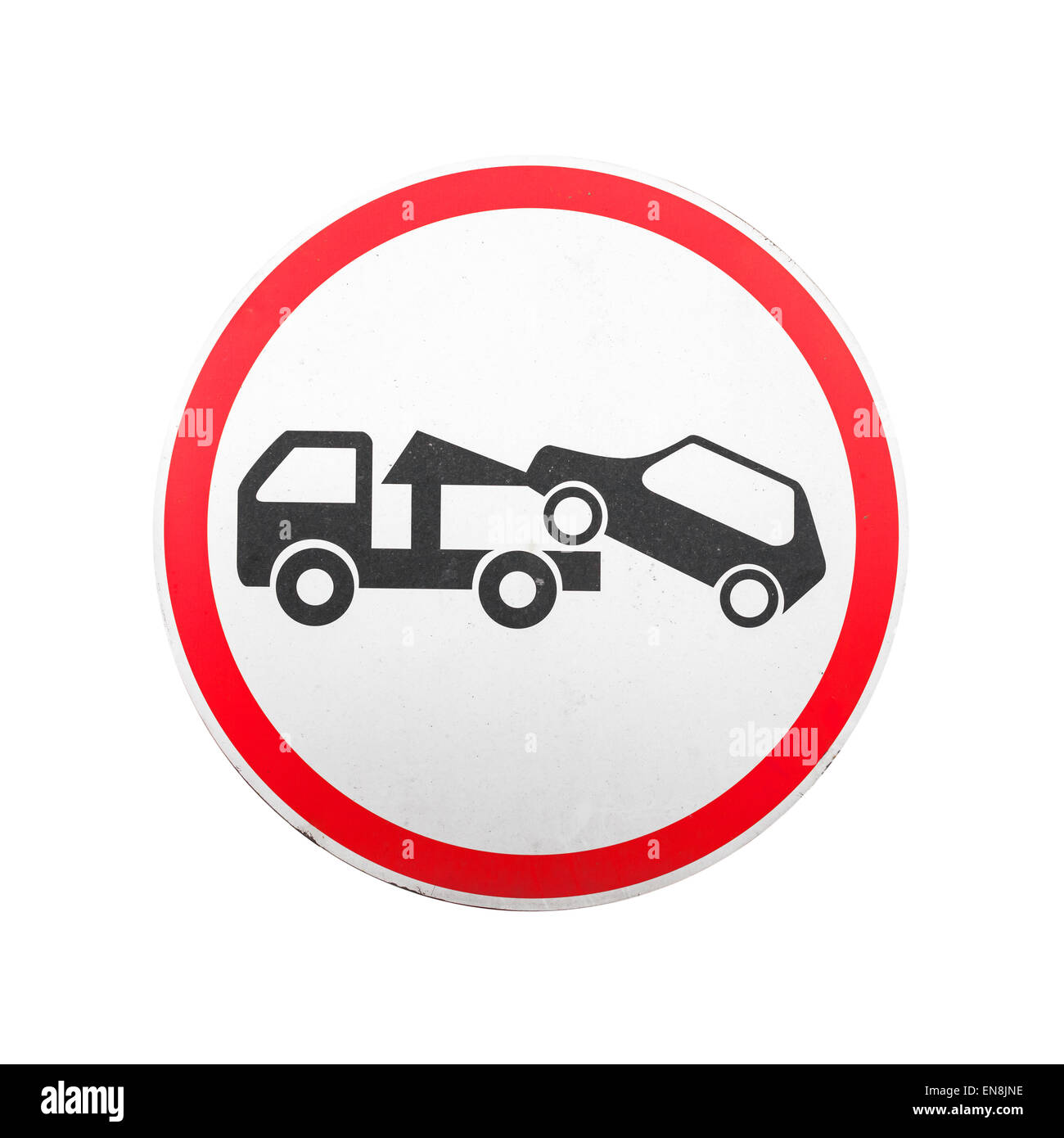 Evacuation on tow truck. Round red, black and white road sign isolated on white background Stock Photo