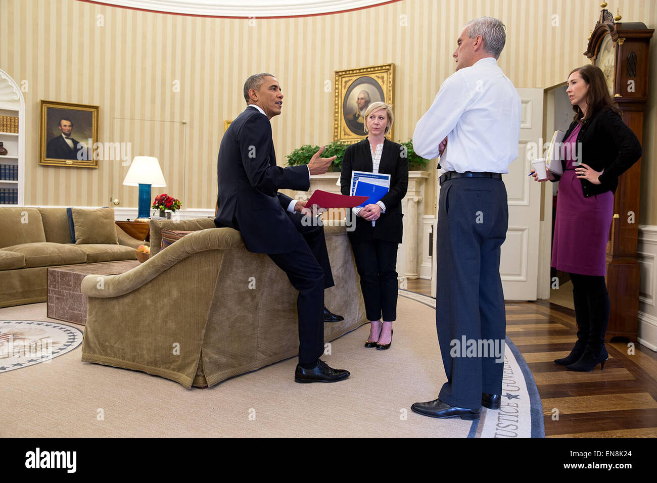President Barack Obama talks with Chief of Staff Denis McDonough, Anita ...