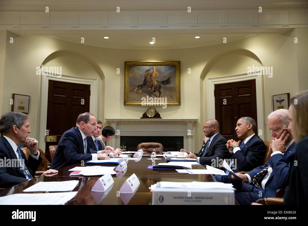 President Barack Obama, with Vice President Joe Biden, convenes a cabinet engagement meeting with Veterans Affairs Secretary Robert A. McDonald in the Roosevelt Room of the White House, Nov. 5, 2014. Stock Photo