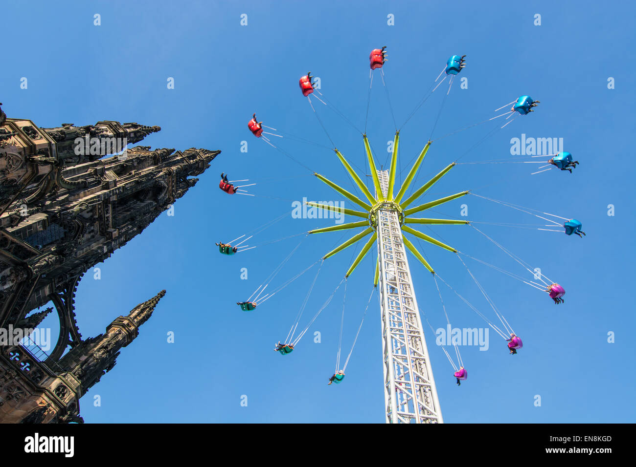 Edinburgh starflyer attraction with blue sky and Scott Monument during Christmas winter fair Stock Photo