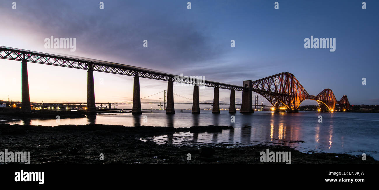 Panoramic Forth Rail Bridge at night, South Queensferry, Edinburgh, Midlothian, Scotland, United Kingdom Stock Photo