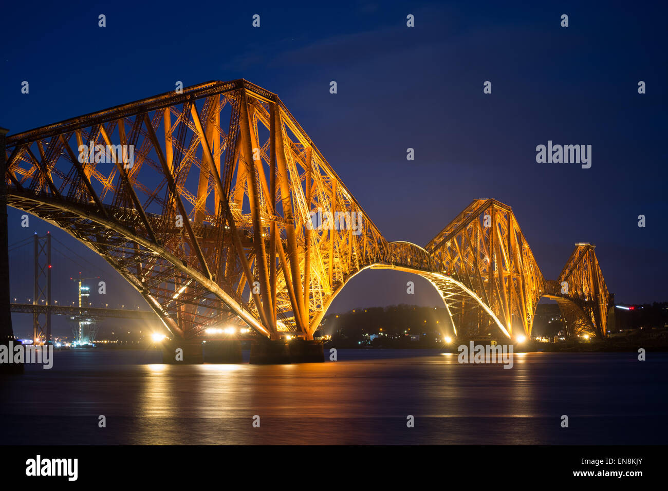 Forth Rail Bridge at night, South Queensferry, Edinburgh, Midlothian, Scotland, United Kingdom Stock Photo