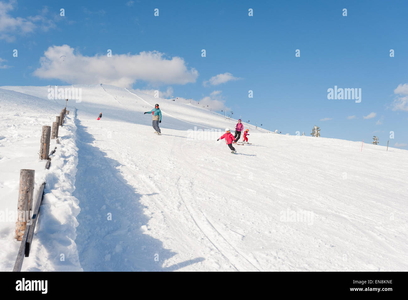 Spring skiing at Ylläs ski resort, Lapland, Finland. For MR please enquire. Stock Photo