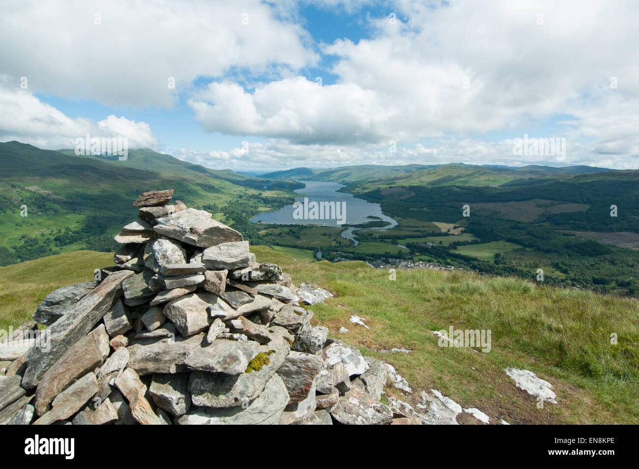 Cairn at the top of Sron a Chlachain near Killin with a view on Loch ...