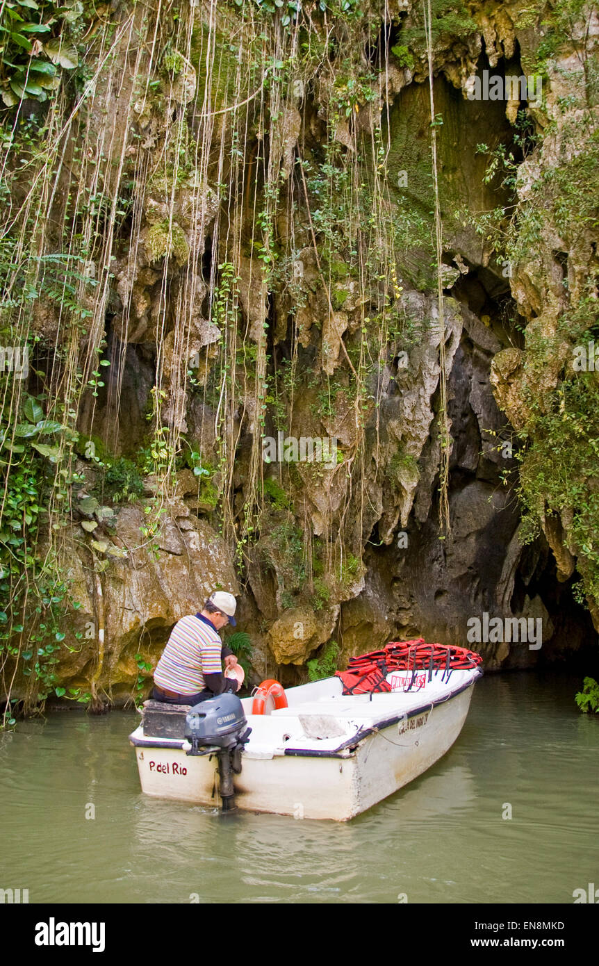 Vertical view of a tour boat at Cueva del Indio in Vinales. Stock Photo