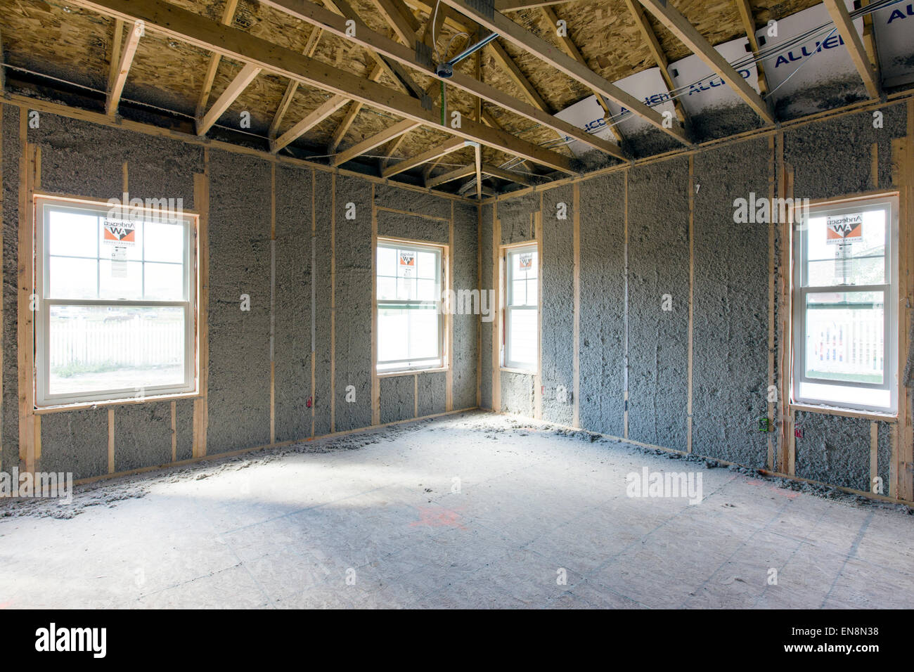 Interior frame walls with blown in insulation, construction of a