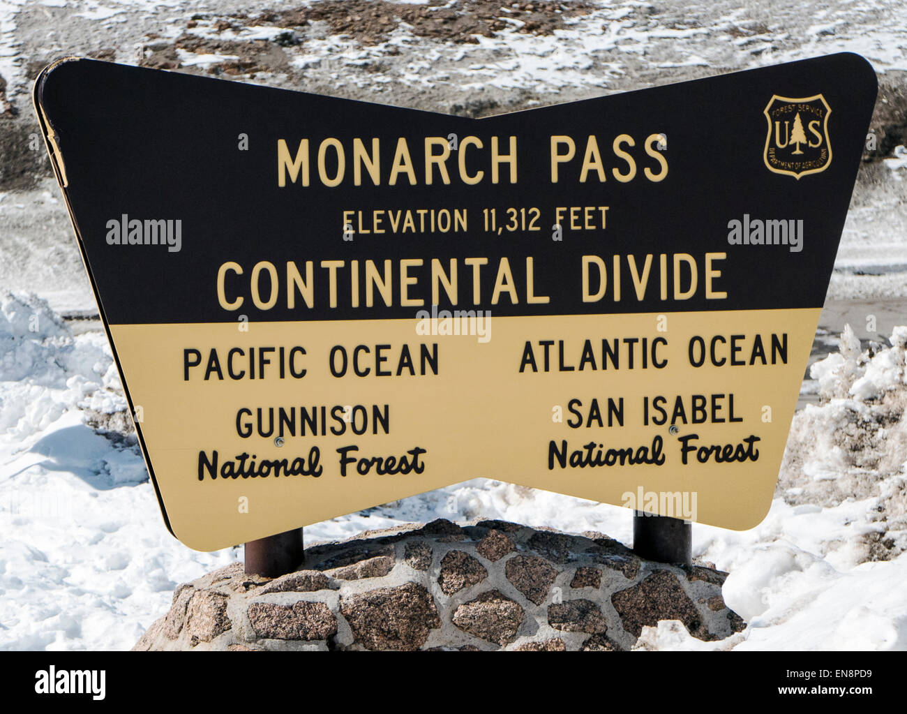 Signage on Monarch Pass, Continental Divide, Central Colorado, USA Stock Photo