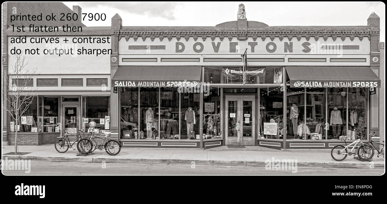 Black & white exterior view of Salida Mountain Sports in downtown historic Salida, Colorado, USA Stock Photo