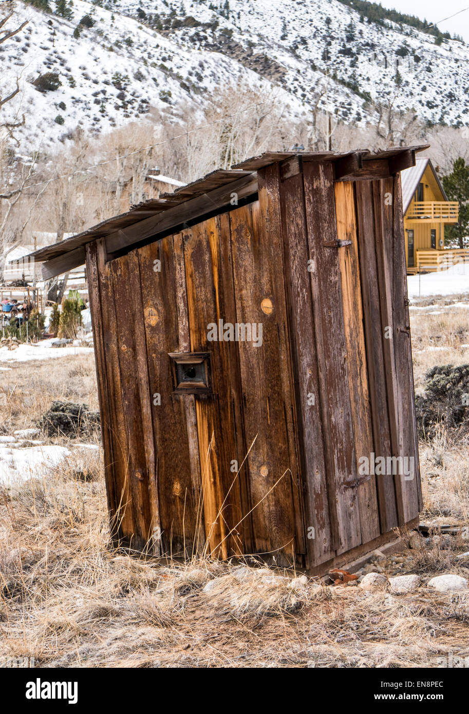 Outhouse, one-room Maysville School, National Register of Historic Places, Central Colorado, USA Stock Photo
