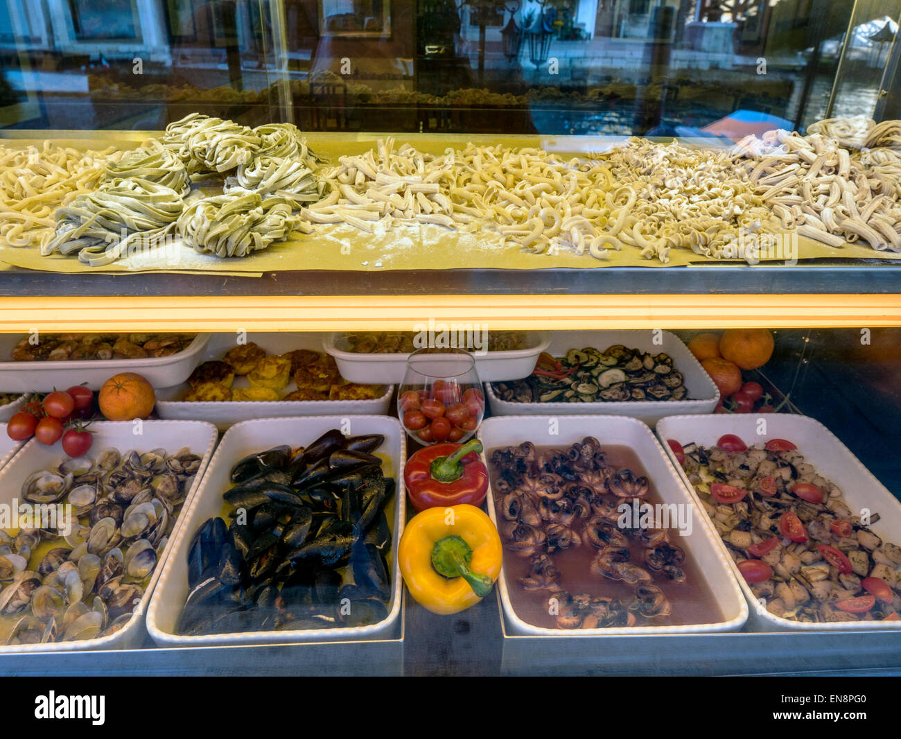 Fresh pasta and seafood, window display, food market, Venice, Italy