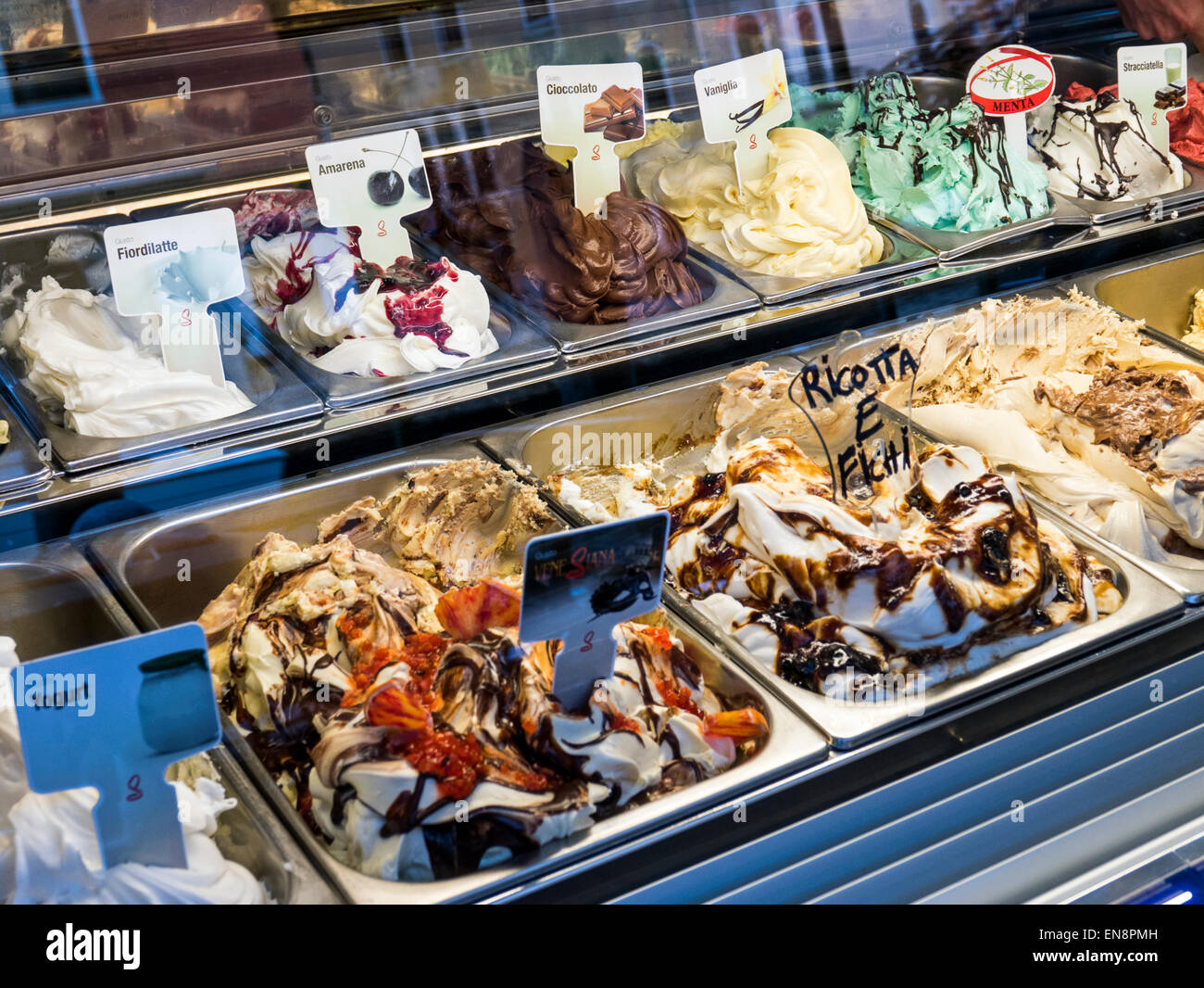 Gelato, ice cream, window display, shop in Venice, Italy Stock Photo