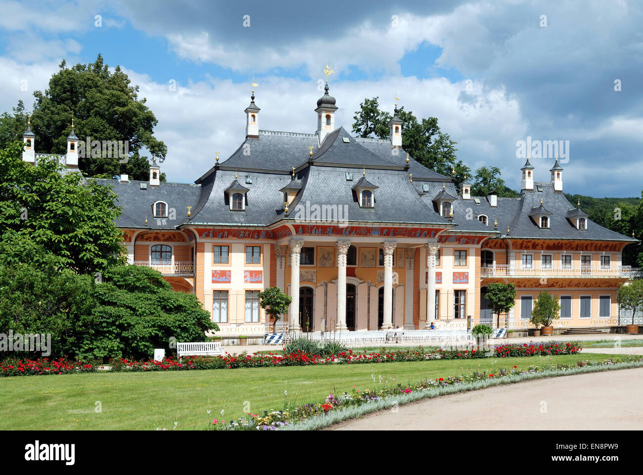 Pillnitz castle in Dresden with the mountain palais and the great castle park. Stock Photo