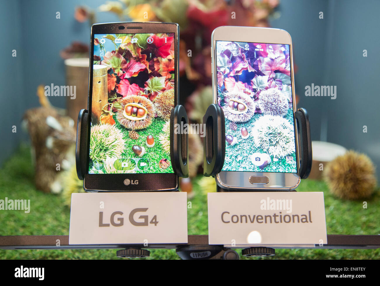 Seoul, South Korea. 29th April, 2015. LG Electronics' G4 smartphone (L) and Samsung's Galaxy S6 are displayed during a showcase of LG G4 in Seoul, South Korea. LG showcased its new G4 on Wednesday, that is equipped with 5.5-inch in-plane switching (IPS) QHD display, a Qualcomm Snapdragon 808 Processor with X10 LTE and a F 1.8 camera lens. The new smartphone runs on Google's Android 5.1 Lollipop and its local price is about US$770, according to local media. Credit:  Lee Jae-Won/AFLO/Alamy Live News Stock Photo