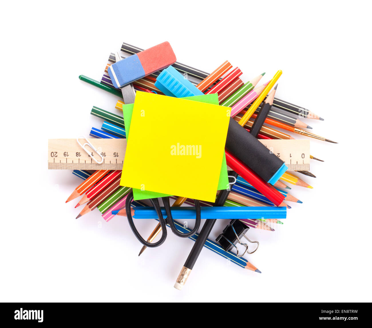 School and office supplies heap. Isolated on white background Stock