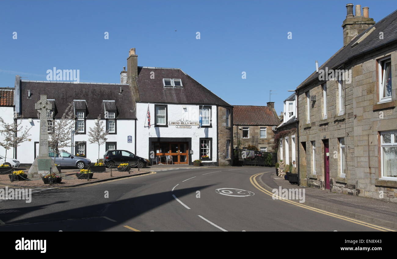 War memorial and Lomond Hills hotel Freuchie Fife Scotland April 2015