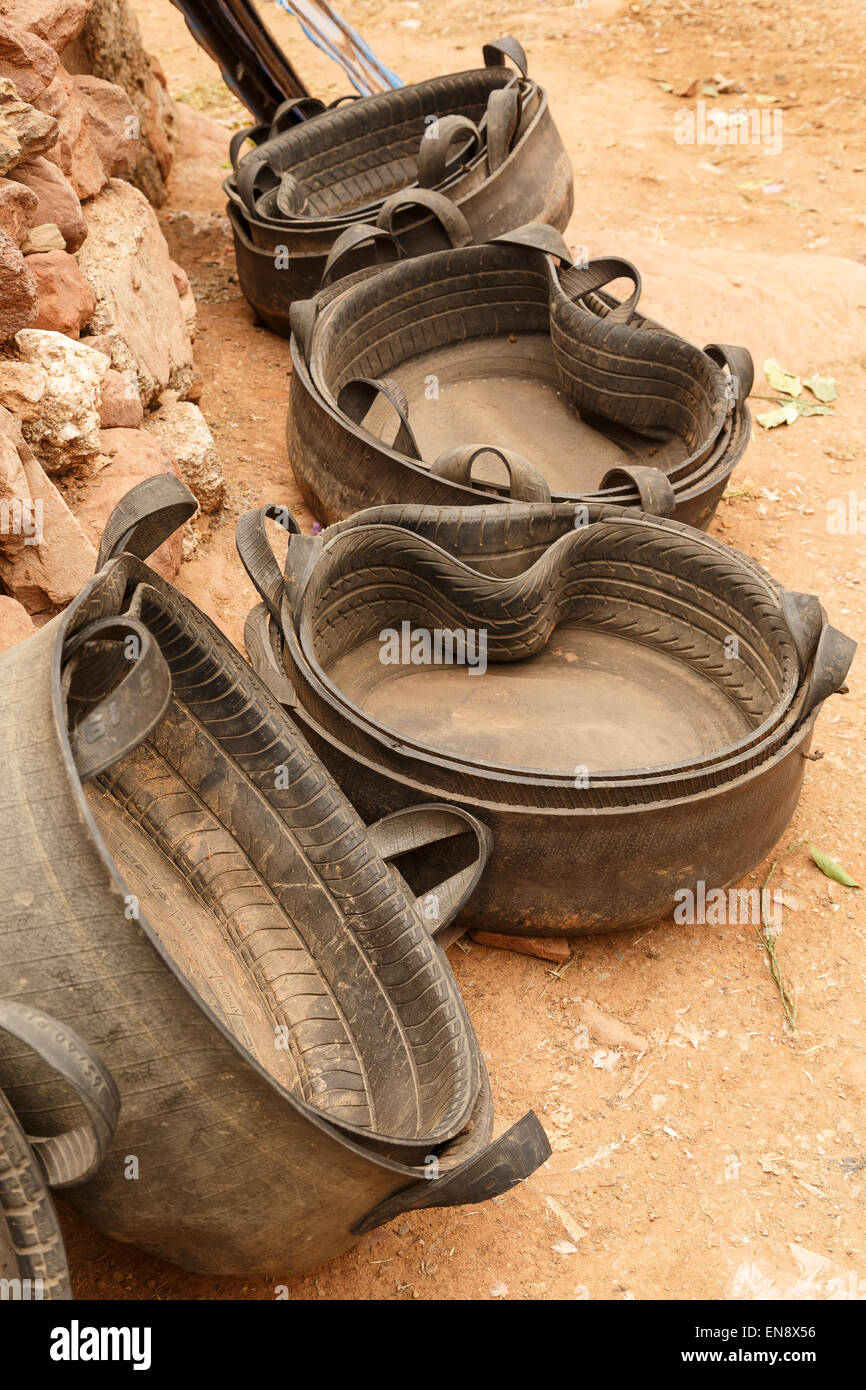 Basket made of tyre recycled. Village near of Tizi n Tichka. Atlas mountain. Morocco. Africa Stock Photo