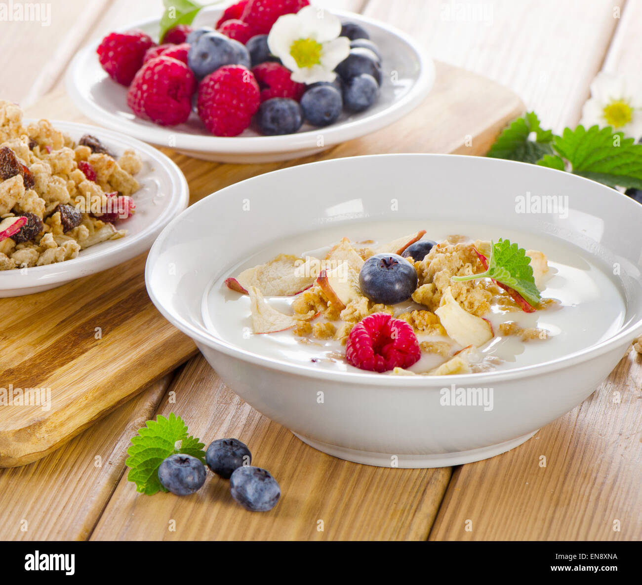 Healthy breakfast yogurt with muesli . Selective focus Stock Photo