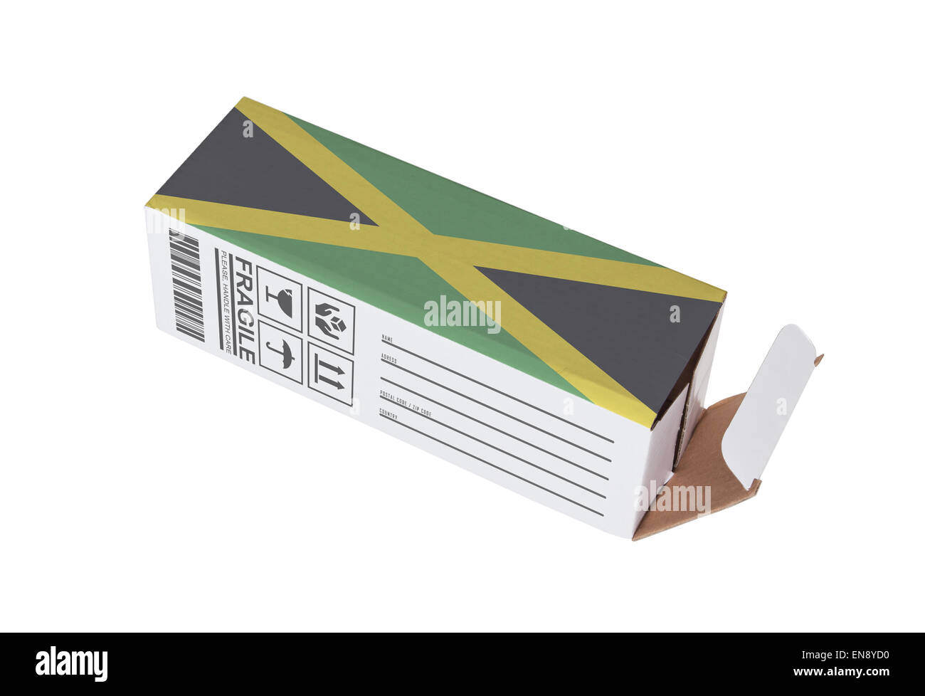 Concept of export, opened paper box Product of Jamaica Stock Photo