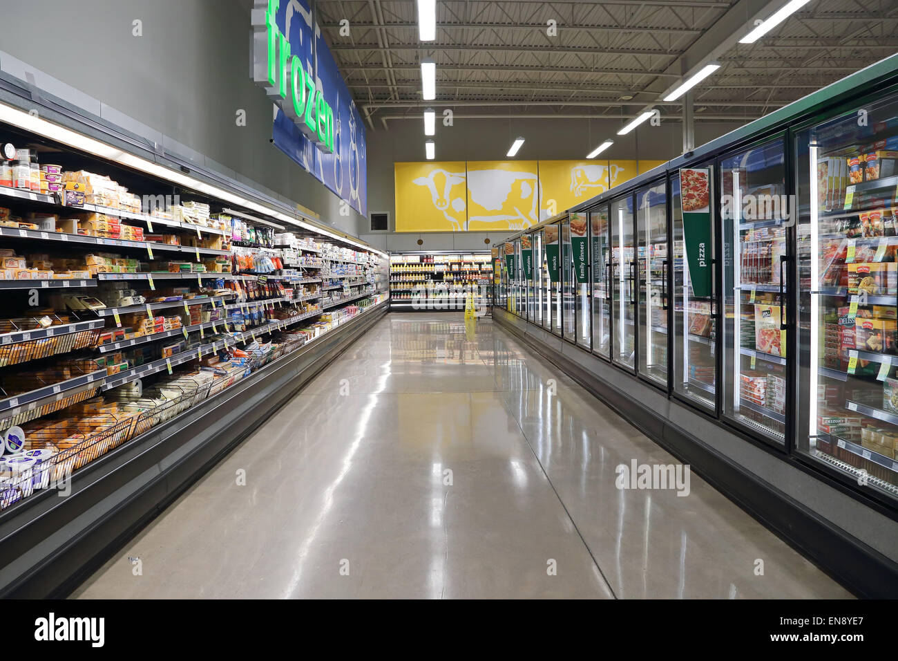 Port Coquitlam BC Canada - March 16, 2015 : Dairy and forzen food corridor in Save on Foods. It is a regional chain Stock Photo