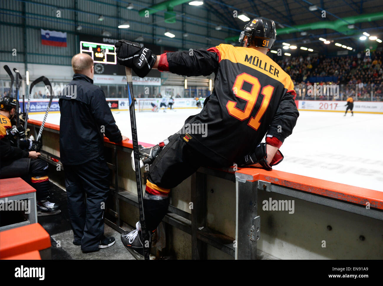 Germany's Moritz Mueller at the International Ice Hockey match between Germany and Slovenia in the Wellblech Palace in Berlin, Germany, 29 April 2015. Photo: BRITTA PEDERSEN/dpa Stock Photo