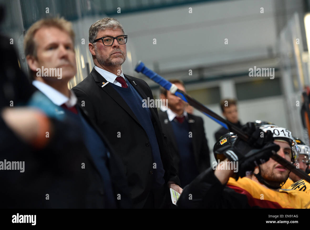 Germany's Pat Cortina watches at the International Ice Hockey match between Germany and Slovenia in the Wellblech Palace in Berlin, Germany, 29 April 2015. Photo: BRITTA PEDERSEN/dpa Stock Photo