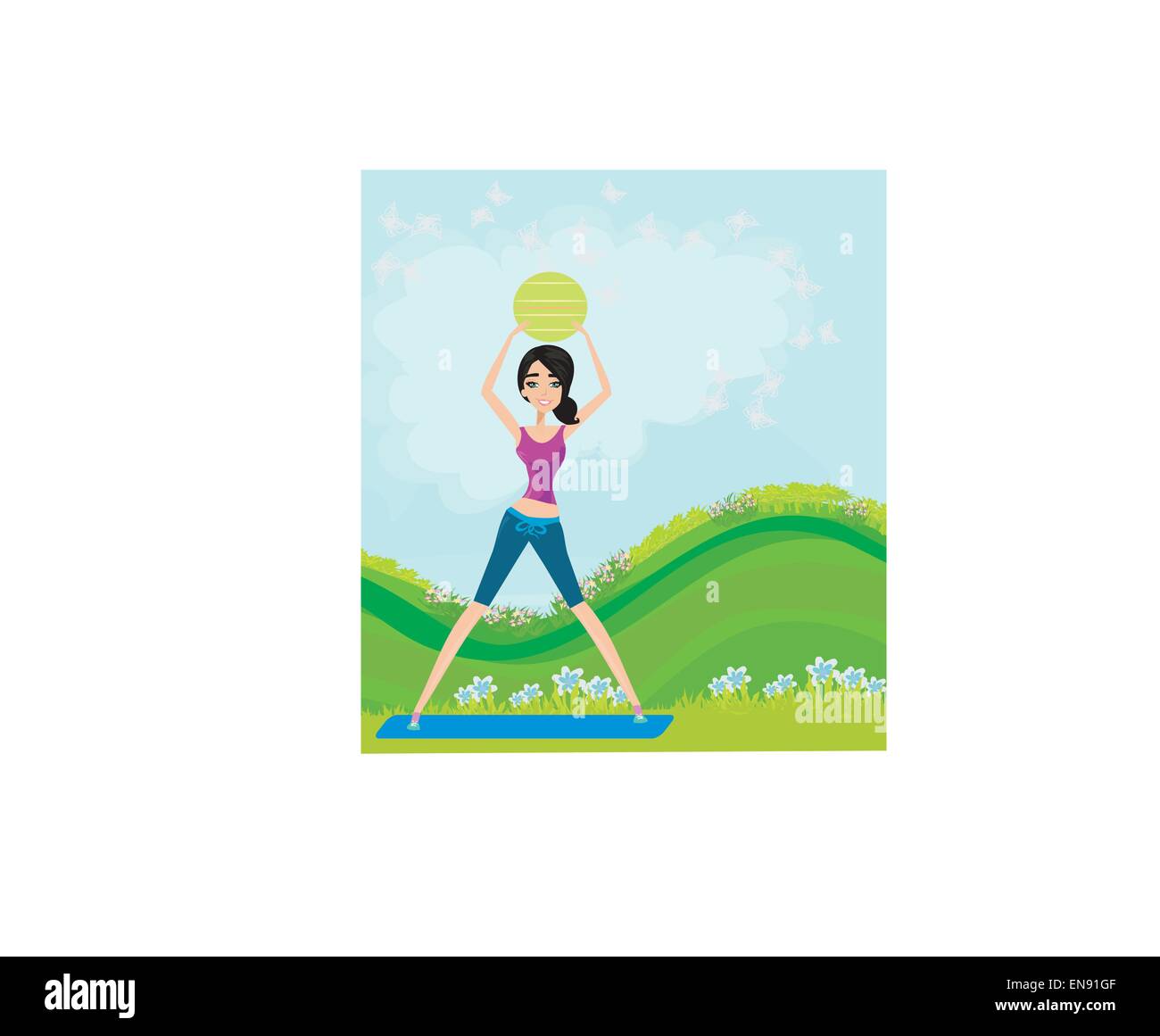Young smiling woman makes exercise with fitball Stock Vector Image ...