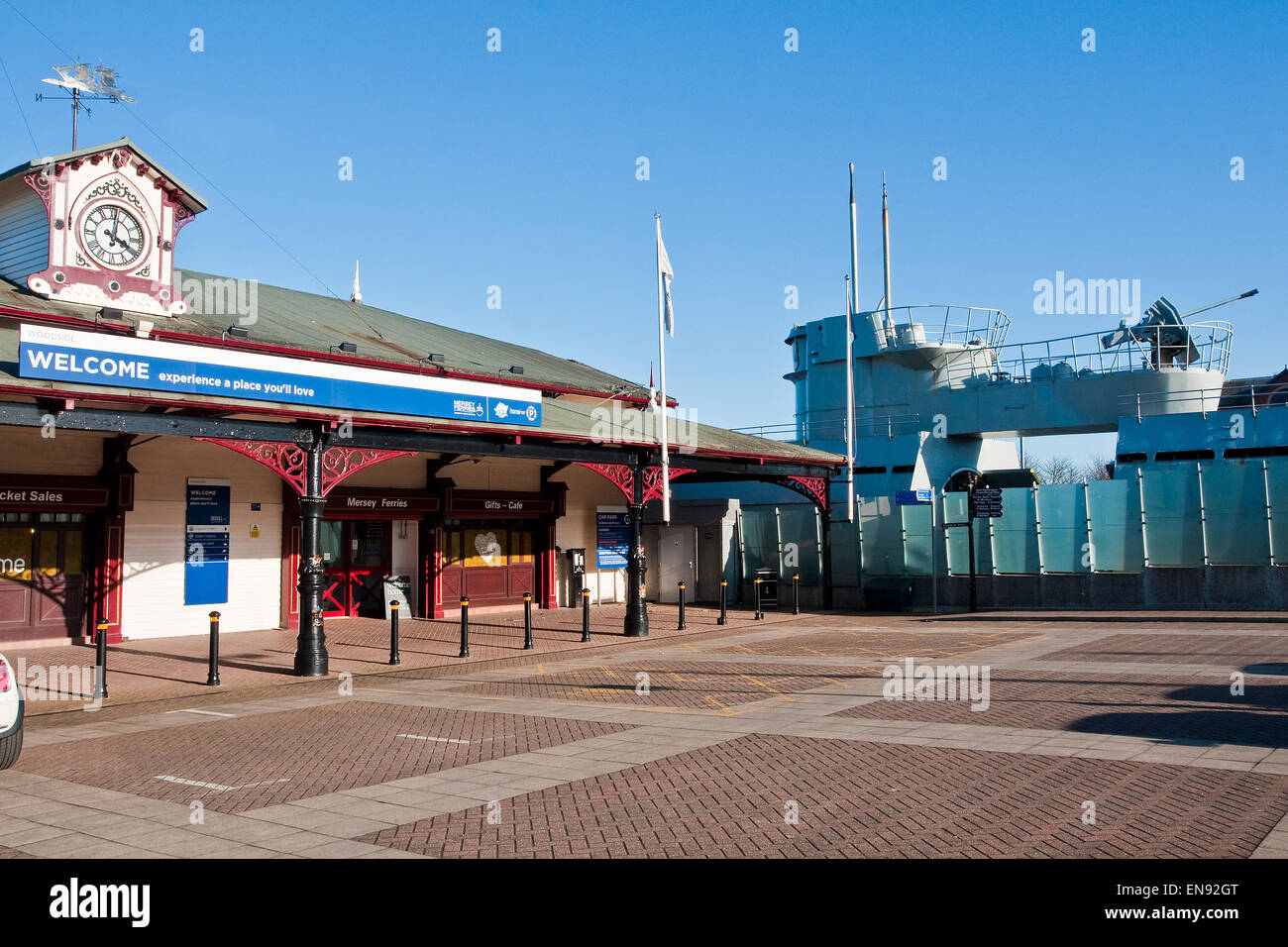 Woodside Ferry Terminal, Birkenhead, with U-Boat Museum in background Stock Photo