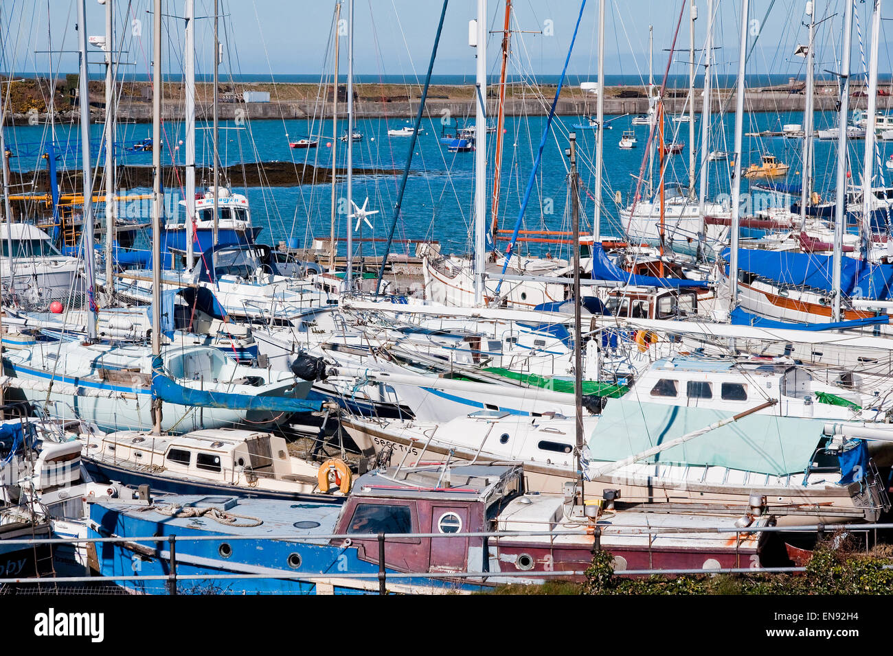 Yachts and pleasure boats laid up for the winter at Holyhead Marina