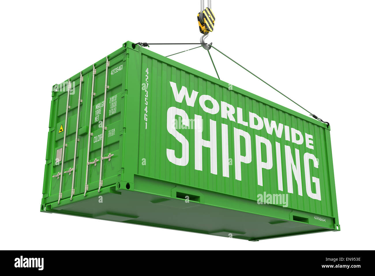 Worldwide Shipping- Green Hanging Cargo Container. Stock Photo