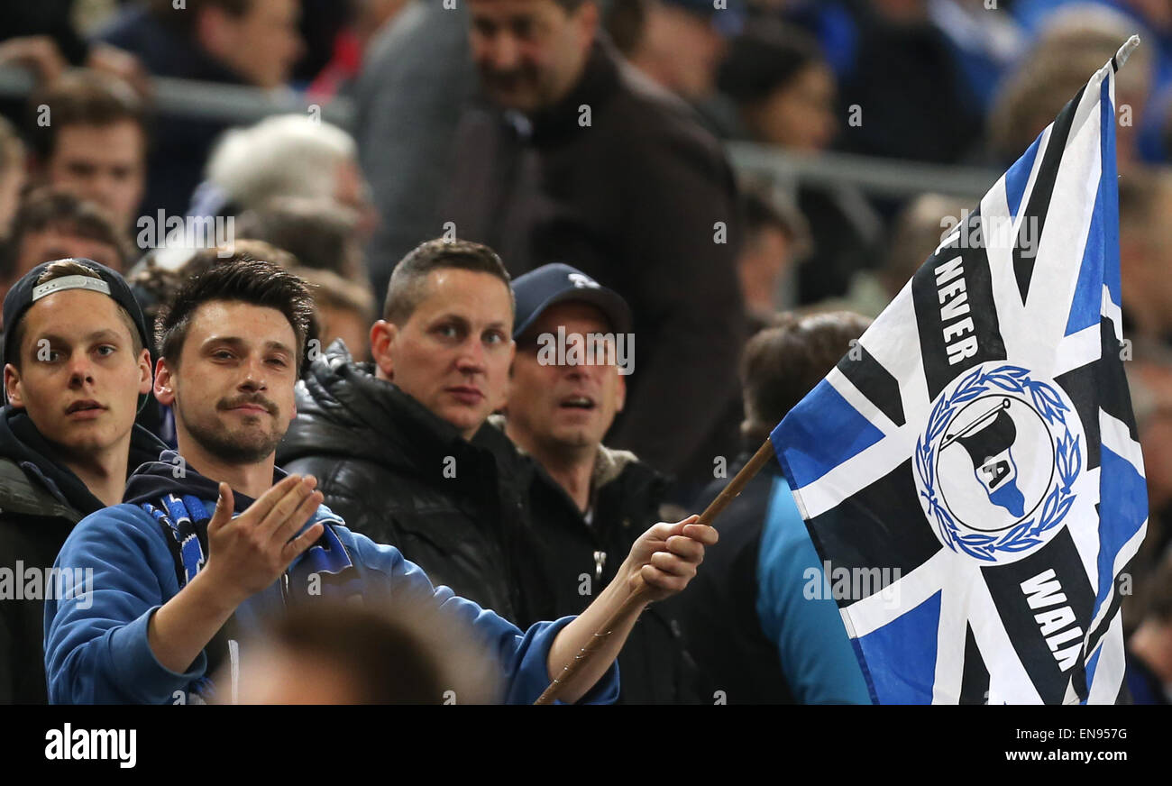 Bielefeld, Germany. 29th Apr, 2015. A Bielefeld fan reacts to the team's loss at the DFB Cup match between Arminia Bielefeld and VfL Wolfsburg in the Schueco Arena in Bielefeld, Germany, 29 April 2015. Credit:  dpa picture alliance/Alamy Live News Stock Photo