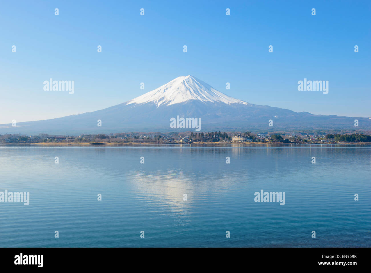 Mount Fuji reflected in Lake Kawaguchi Stock Photo