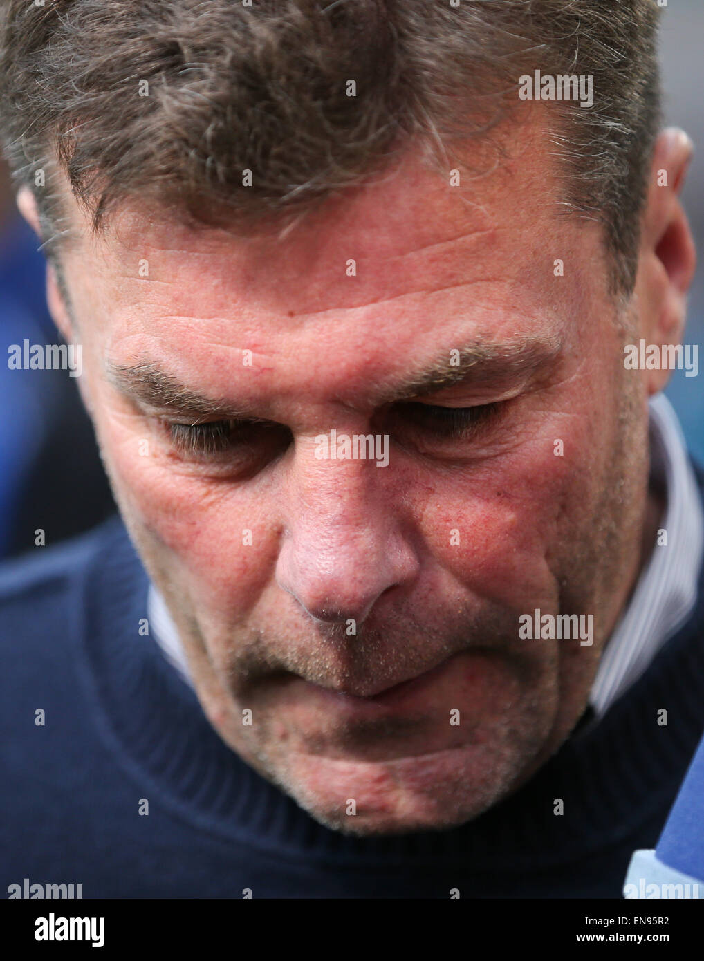 Bielefeld, Germany. 29th Apr, 2015. Wolfsburg's coach Dieter Hecking at the DFB Cup match between Arminia Bielefeld and VfL Wolfsburg in the Schueco Arena in Bielefeld, Germany, 29 April 2015. Credit:  dpa picture alliance/Alamy Live News Stock Photo