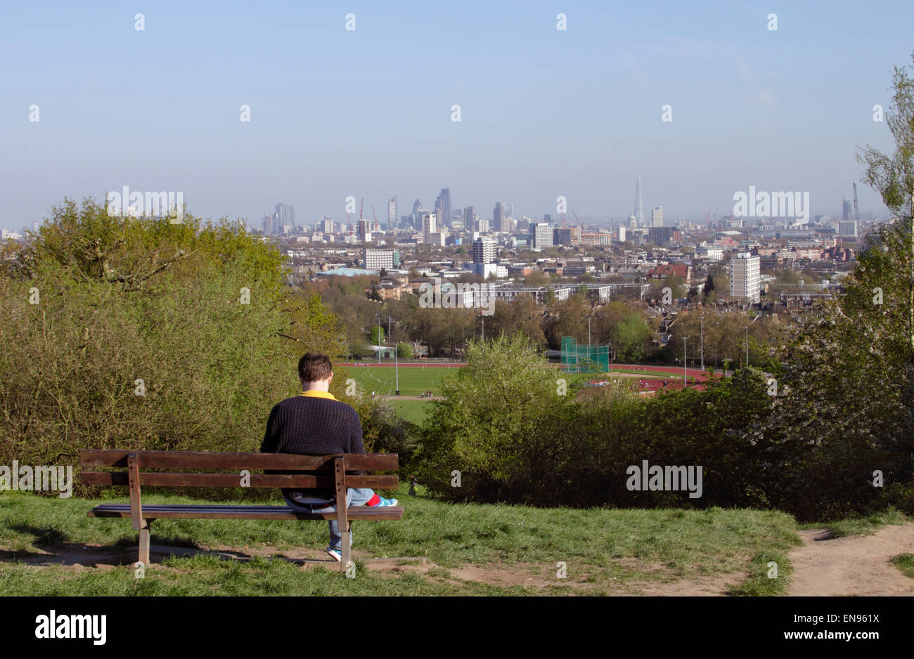London cityscape view from Parliament Hill Hampstead Heath Spring 2015