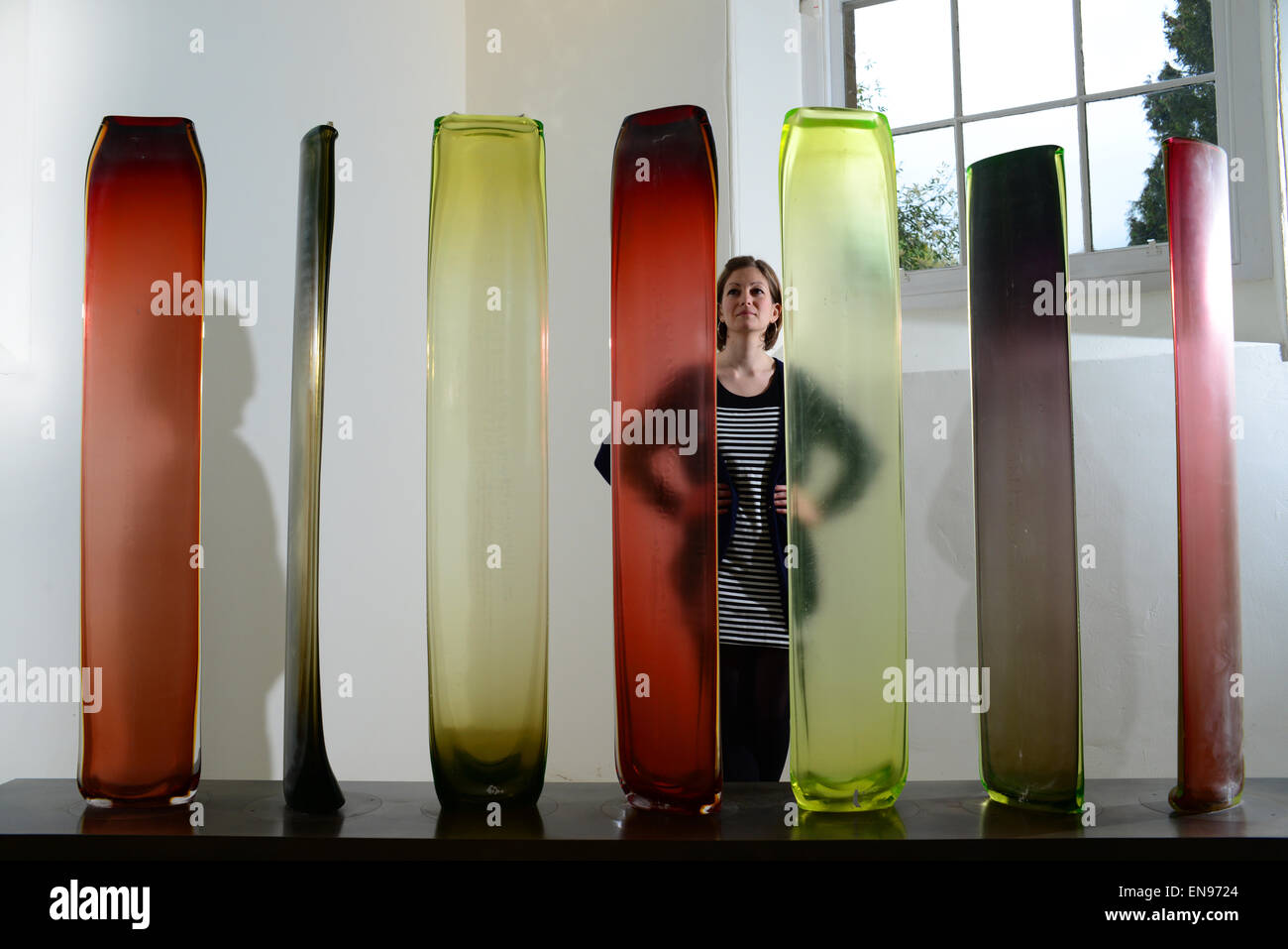 Wakefield, UK. 30th April 2015. Yorkshire Sculpture Park staff member Kate Robertson with work from their latest exhibition. Stock Photo