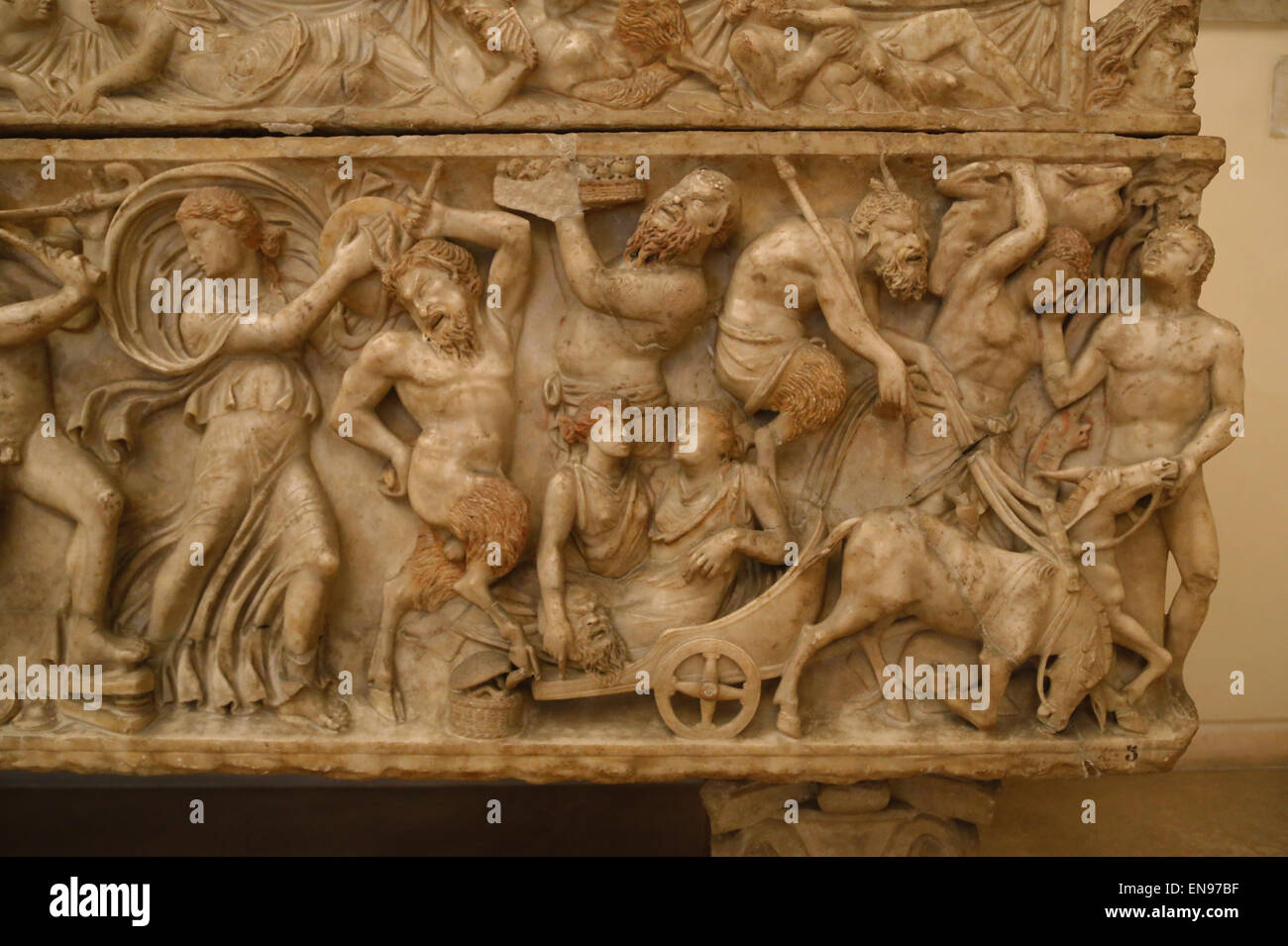 Roman art. Sarcophagus with Dionysian procession. Satyrs nad maenads. Detail. Capitoline Museums. Rome. Italy. Stock Photo