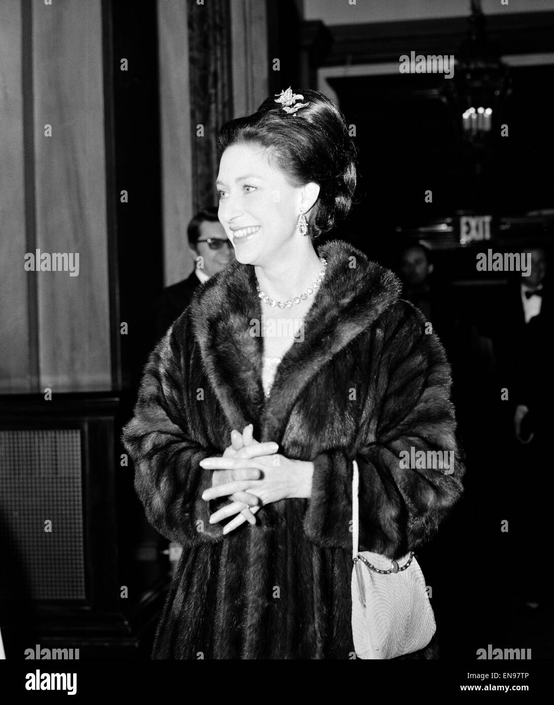 Princess Margaret arriving at The Royal Opera House to see a ballet premiere starring Margot Fonteyn and Rudolph Nureyev. She dropped in backstage when the Rolling Stones toured in 1976. 23rd February 1967. Stock Photo