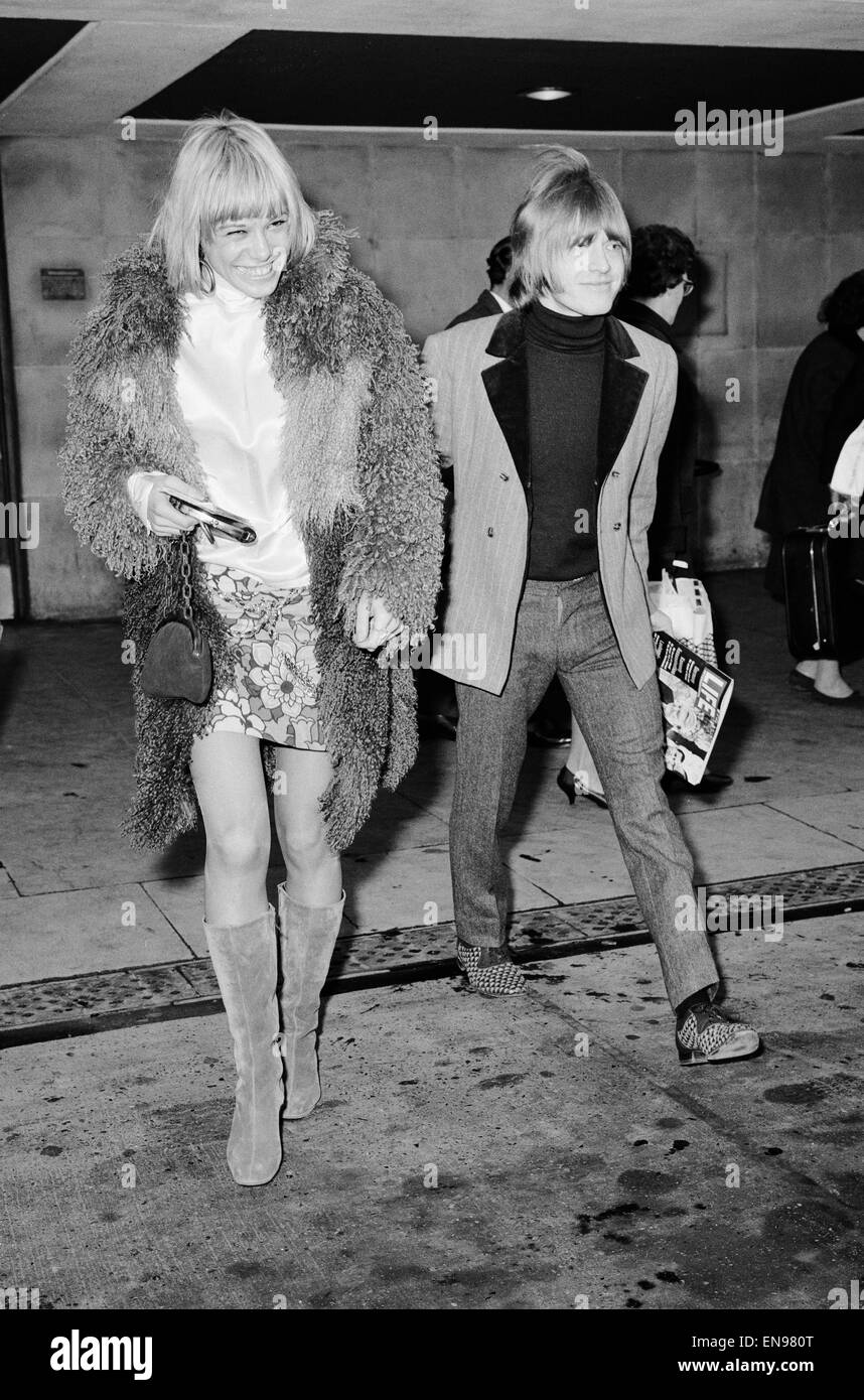 Brian Jones meets girlfriend Anita Pallenberg who had just flown in from Munich. 3rd December 1966. Stock Photo