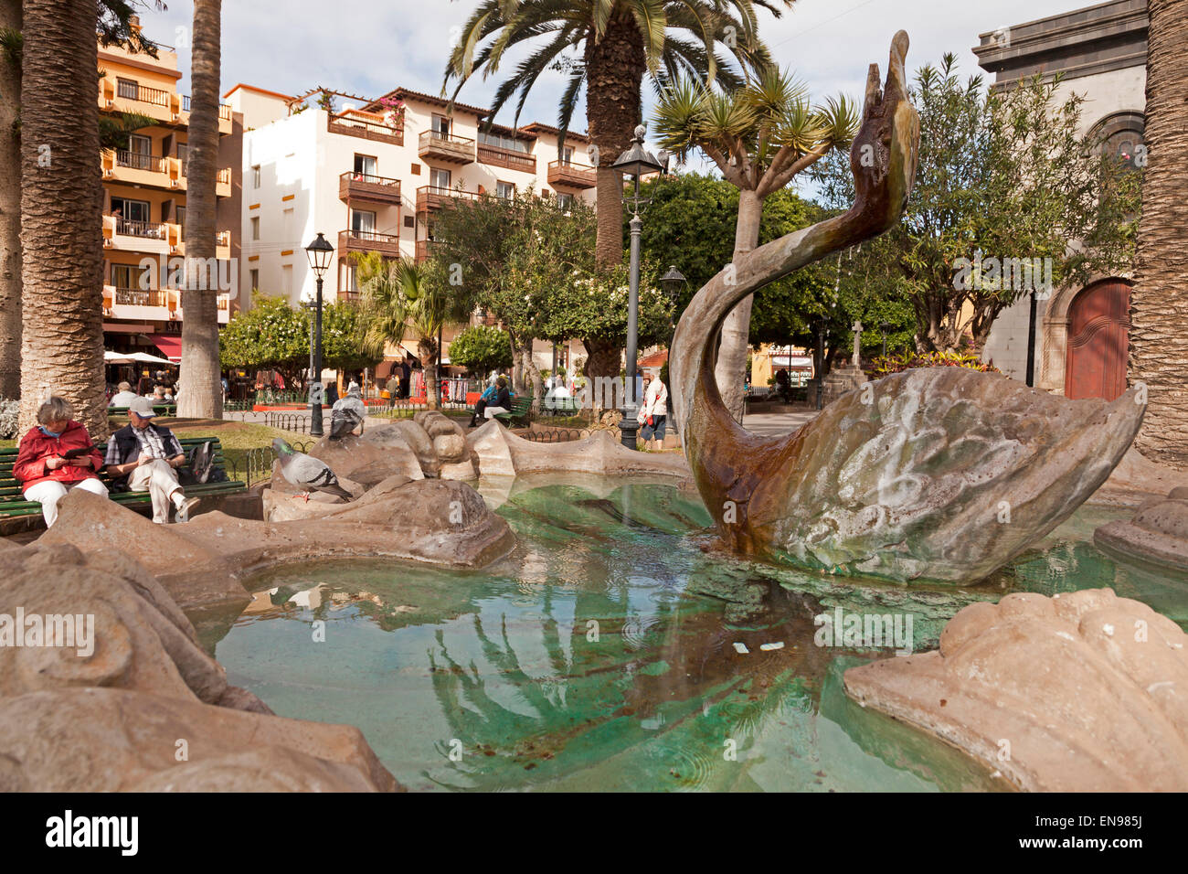 swan fountain on  Plaza de la Iglesia,  Puerto de la Cruz, Tenerife, Canary Islands, Spain, Europe Stock Photo