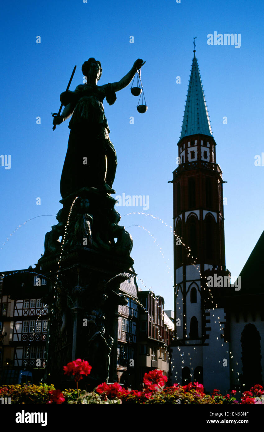 Germany, Frankfurt, the statue of the fountain of justice in Romememberg square Stock Photo