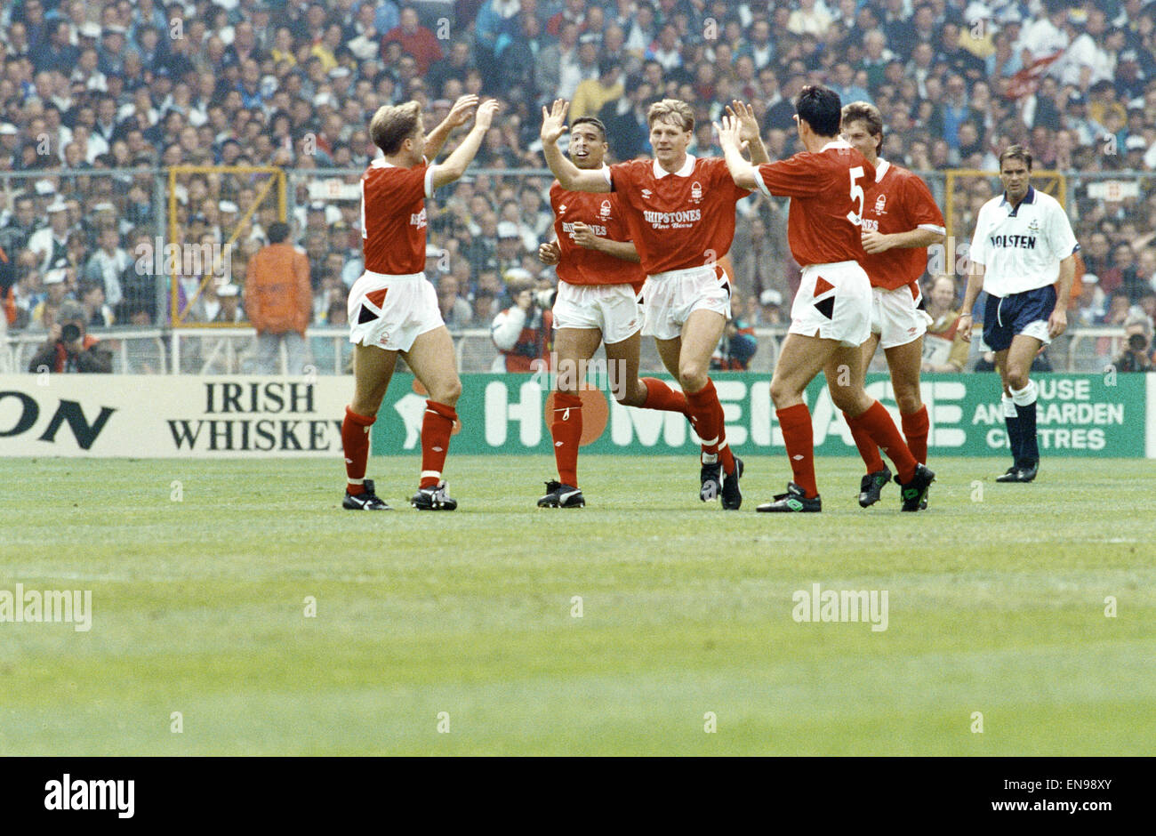 Tottenham Hotspur v Nottingham Forest, FA Cup Final at Wembley Stadium. 18th May 1991. Stuart Pearce, Forest Captain, celebrates after scoring goal in 16th minute from a free kick following the foul by paul Gascoigne on Gary Charles. Stock Photo