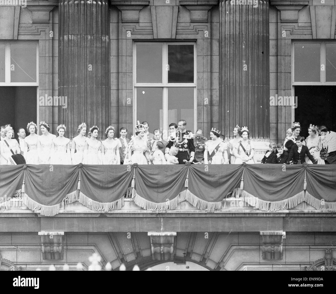 Royal Family on Balcony at Buckingham Palace, London, pictured after Coronation, 2nd June 1953. Stock Photo