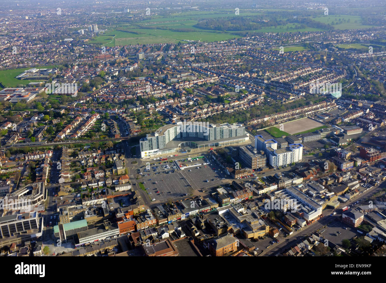 An aerial view of Hounslow Asda taken from an aircraft approaching to