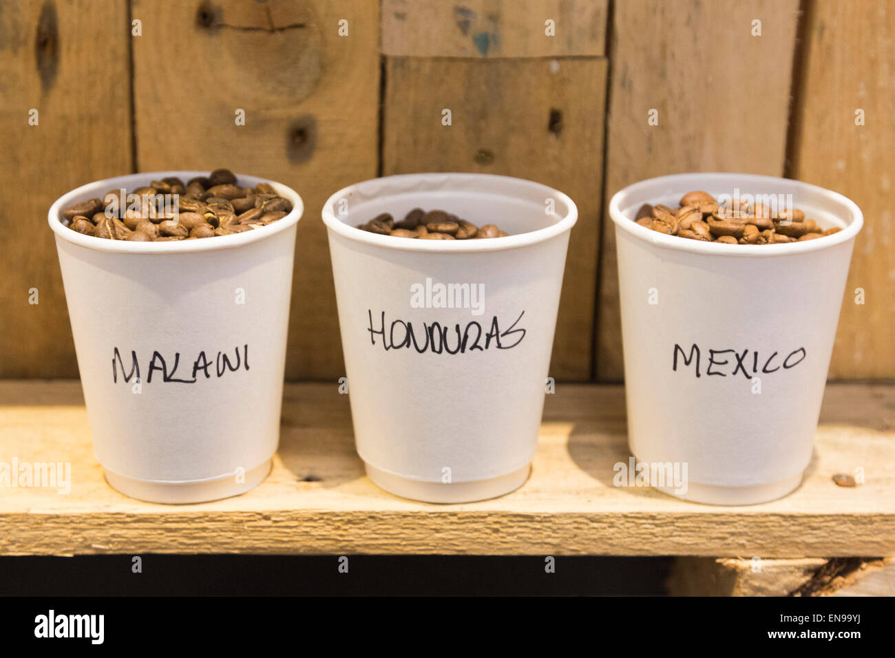 London, UK. 30 April 2015. Cups with coffee beans from different