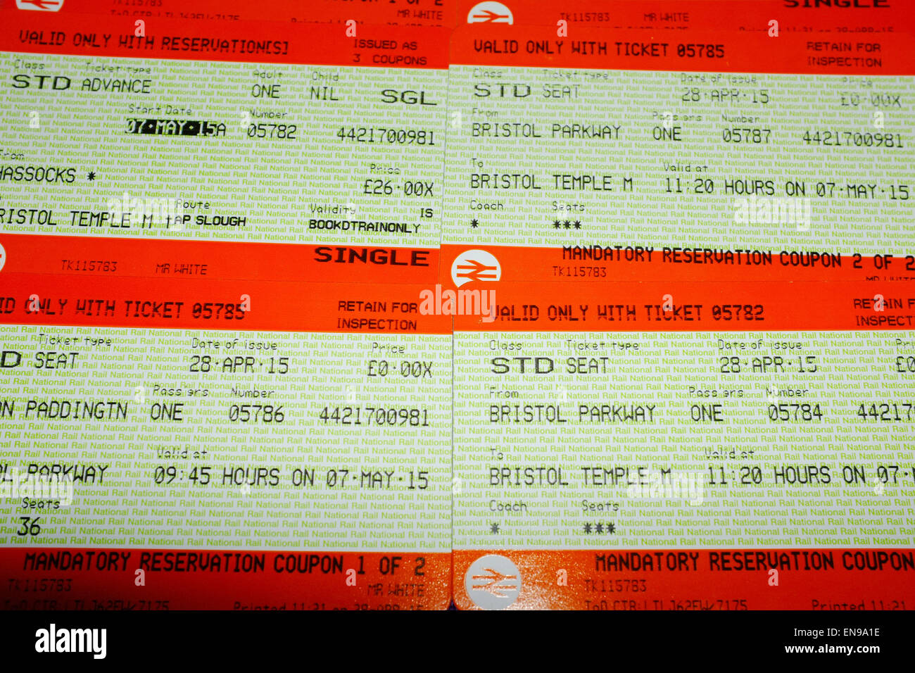 A set of UK train tickets for a journey from Hassocks in Sussex to Bristol Temple Meads. Stock Photo