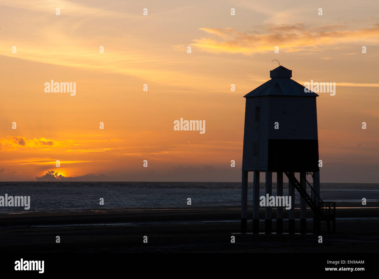 A sunset view of the Lighthouse at Burnham on Sea. Stock Photo
