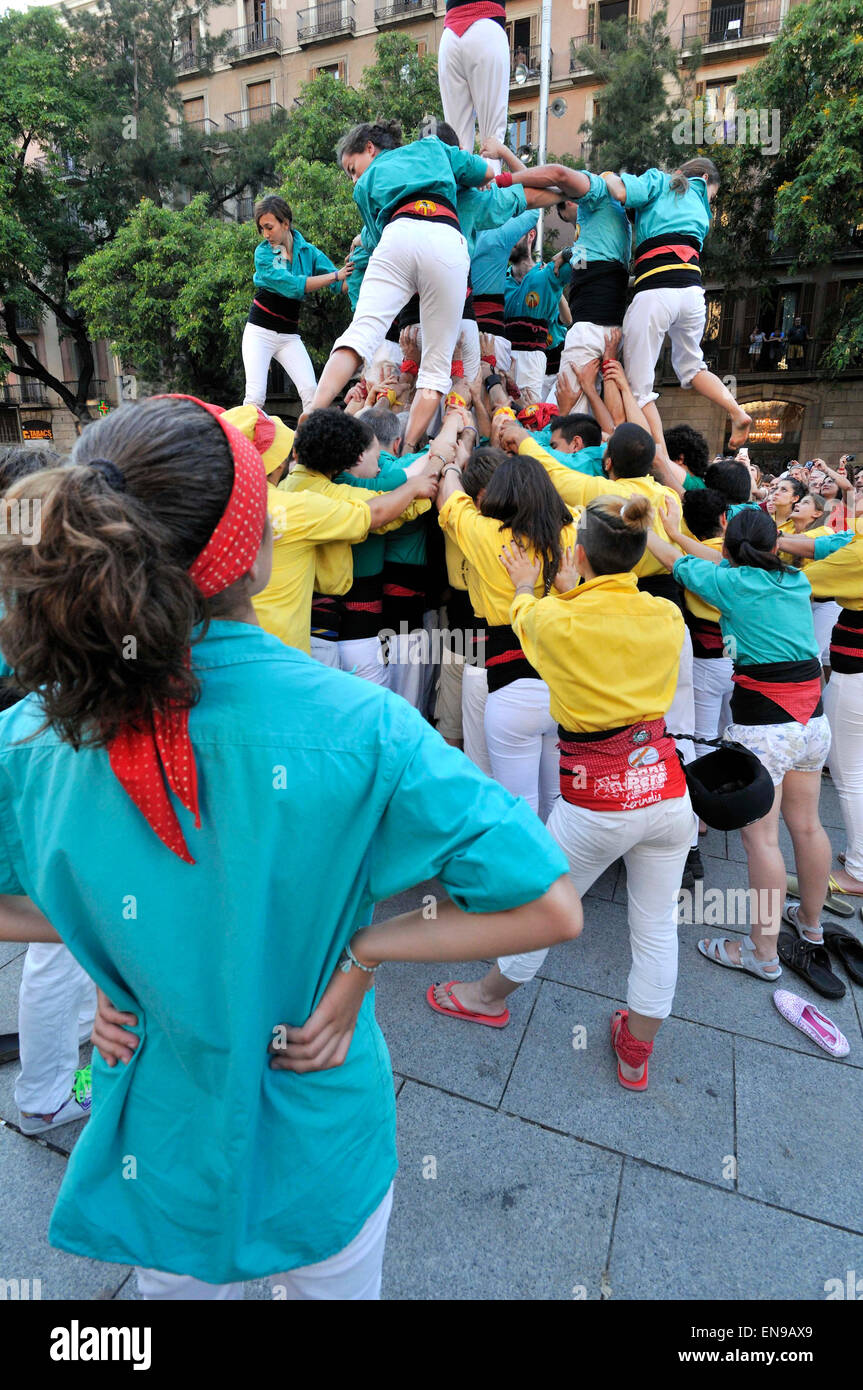 Castellers´ typical human towers in Catalonia, La Merce festival, Cathedral square, Barcelona, Catalonia, Spain Stock Photo