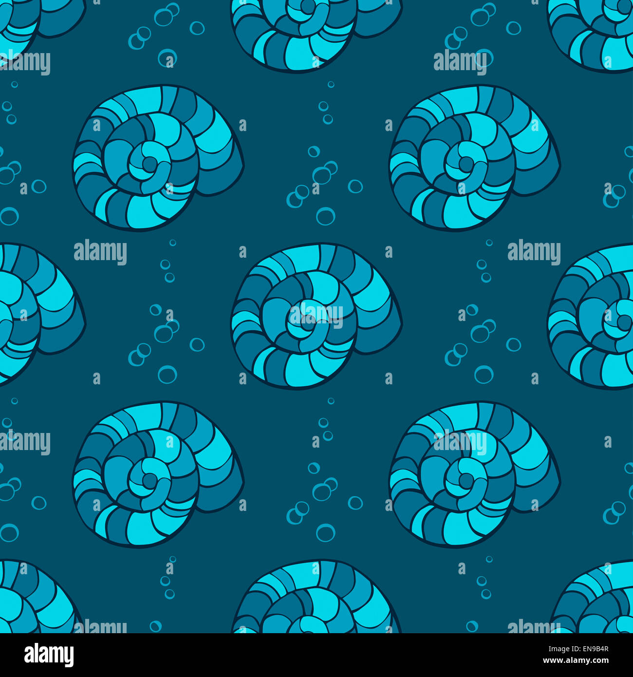 Hand drawn seashells, seaweed and bubbles on blue background, seamless ...