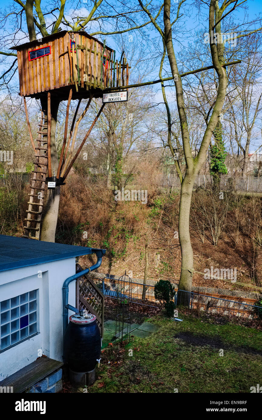 Tree house in garden plot, Berlin, Germany Stock Photo Alamy