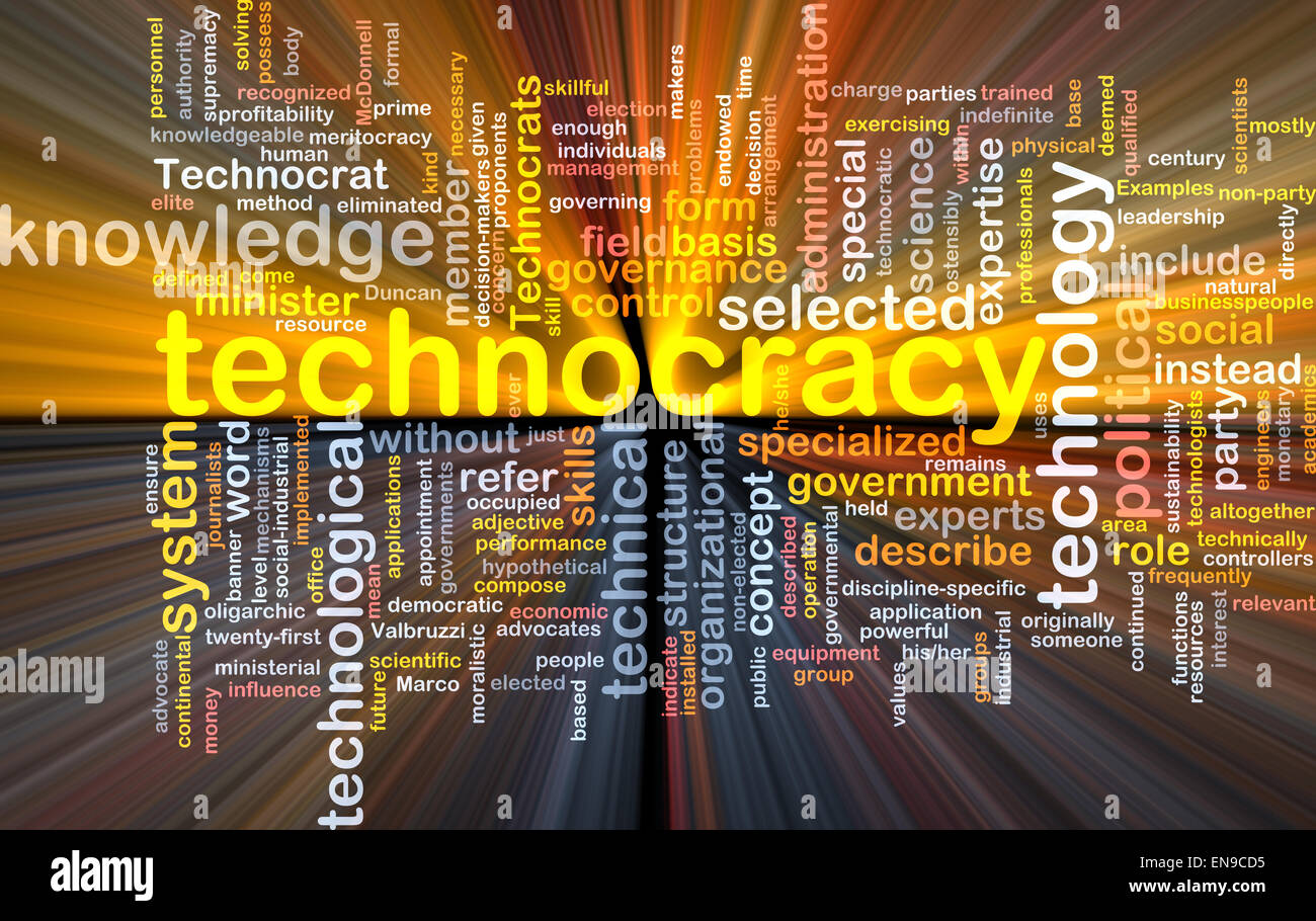 Background text pattern concept wordcloud illustration of technocracy glowing light Stock Photo